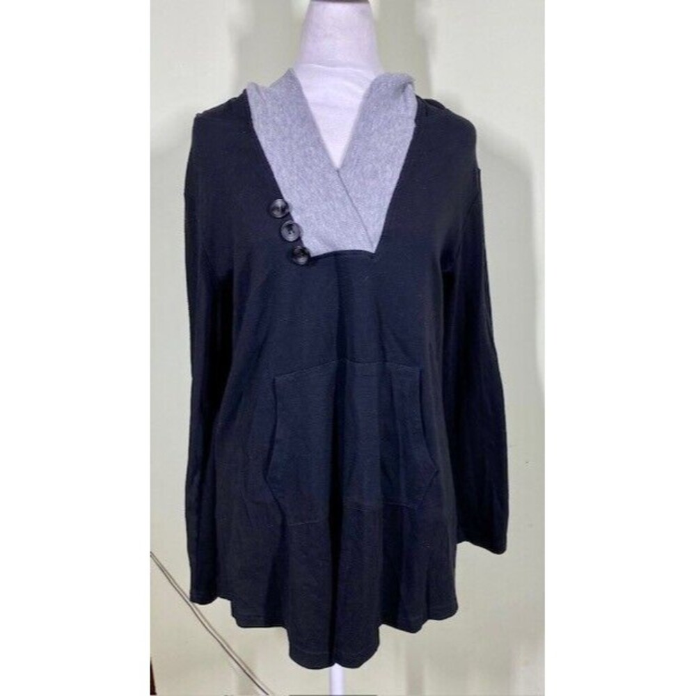 Miusey Womens Sz L Black Gray Hooded Kangaroo Pocket Pullover Sweatshirt Top